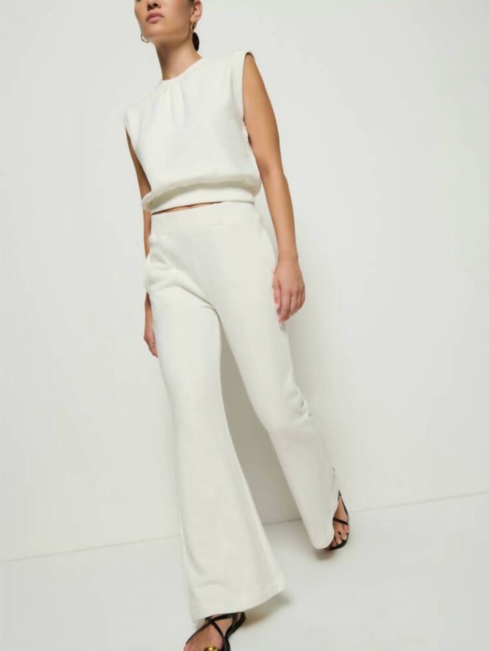Nation Los Angeles Reece Kick Flare Pull On Terry Pants in Porcelain Cream NEW